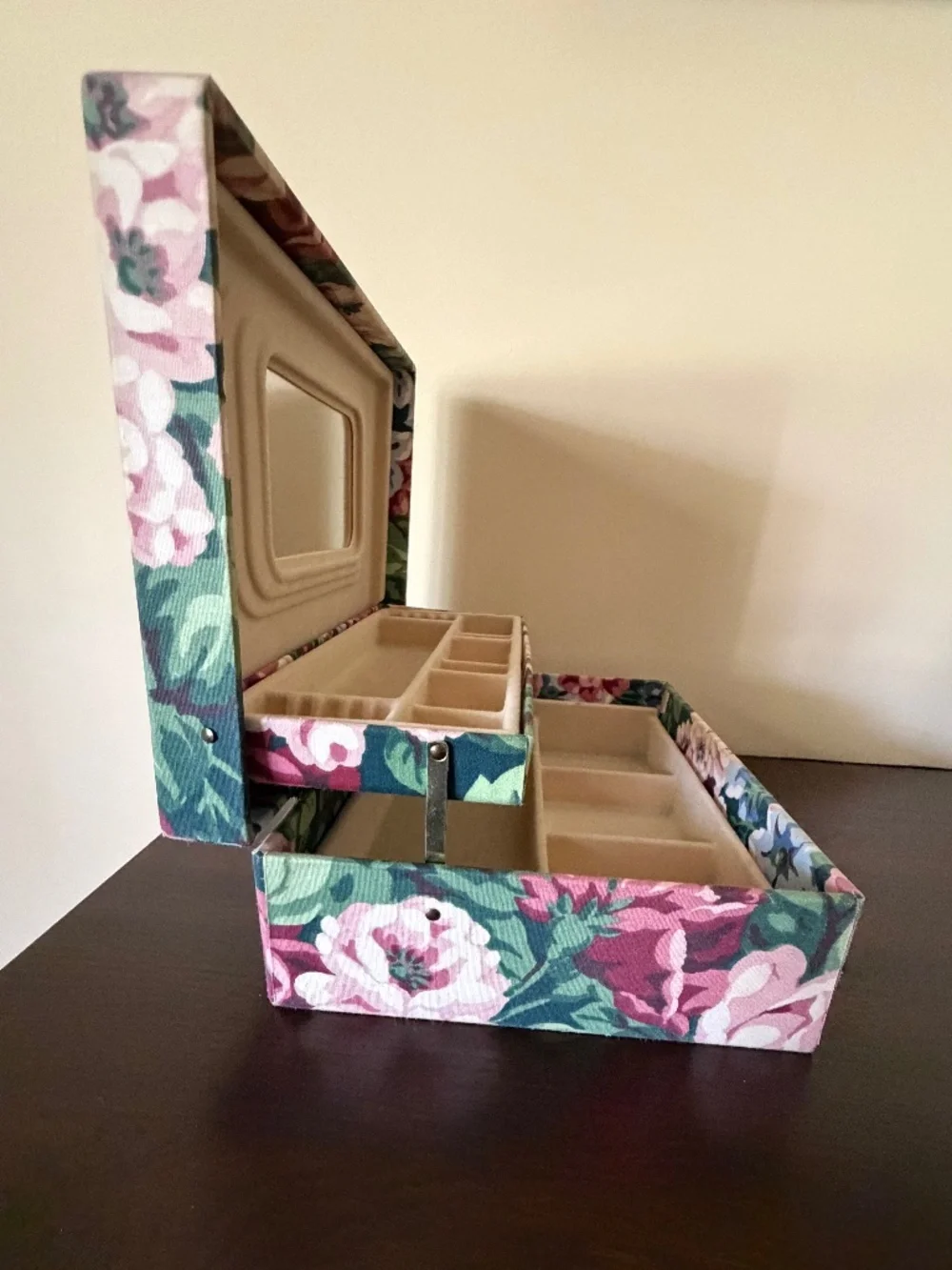 Vintage 80s Floral Fabric Two Tier Jewelry Box Case w/Mirror 10.5